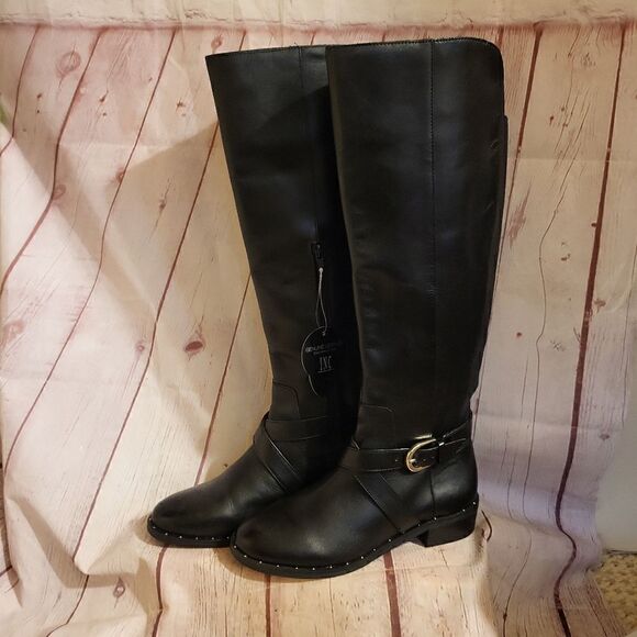 NWT INC "Fadora" Black Leather Knee High Riding Boots w/Nailhead Trim Sz 6M - Picture 2 of 11